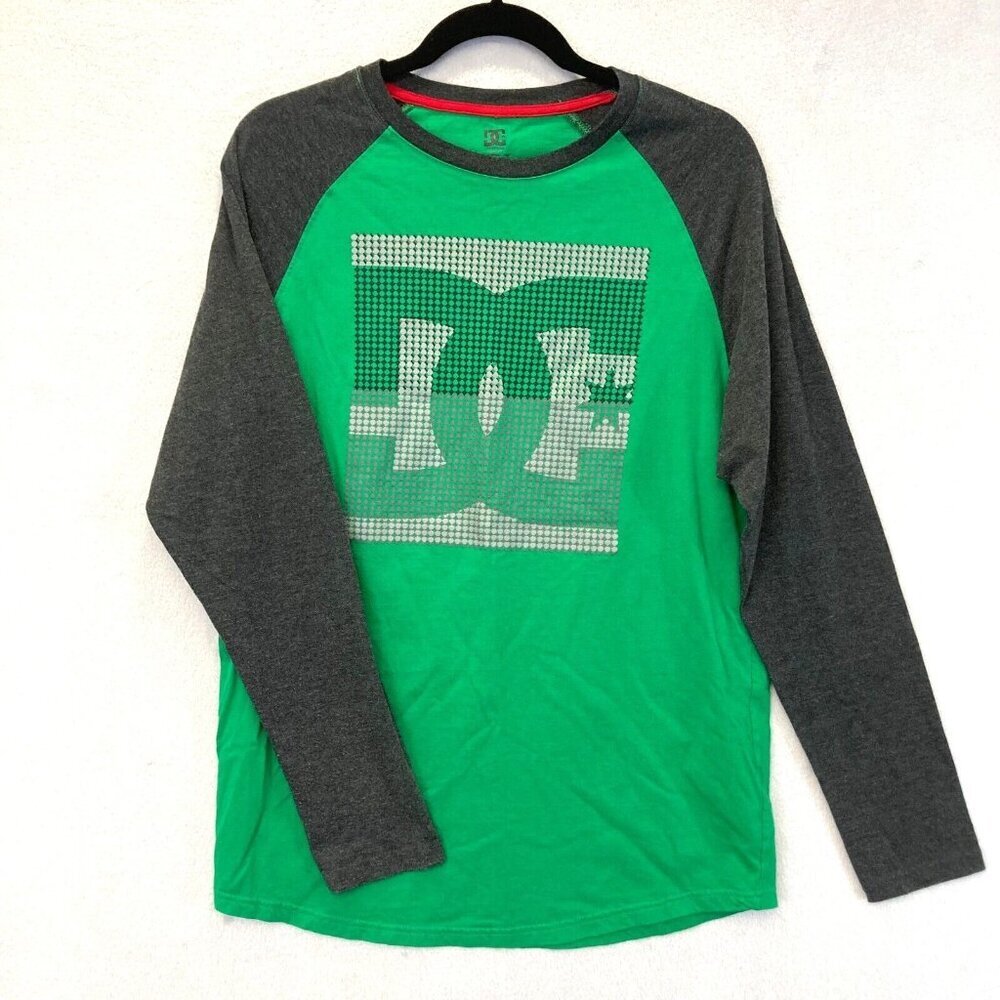 Vintage DC Shoes Raglan Long Sleeve T-Shirt Mens Large Green Gray Logo Skater